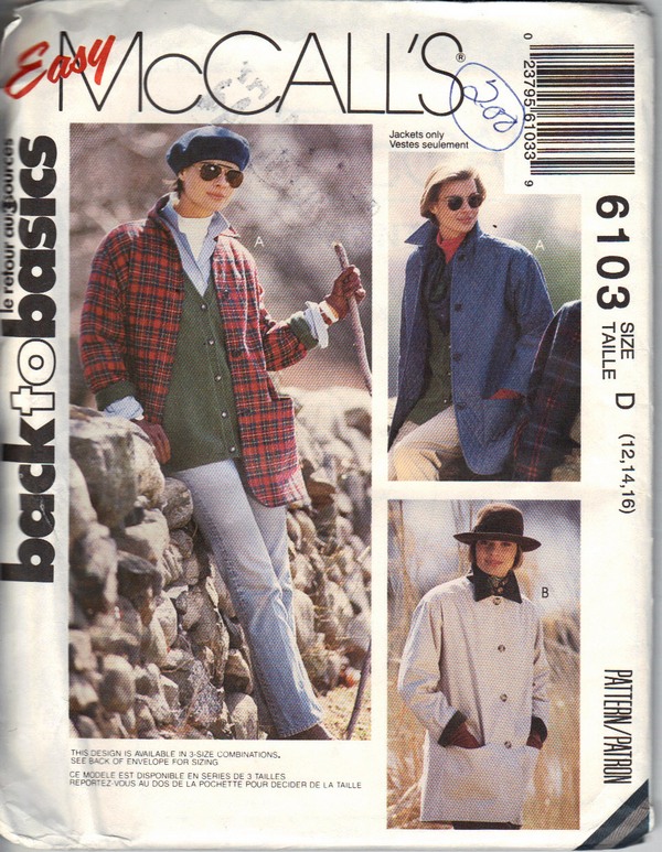 McCall's 6103 Unlined Jacket Pattern UNCUT - Click Image to Close