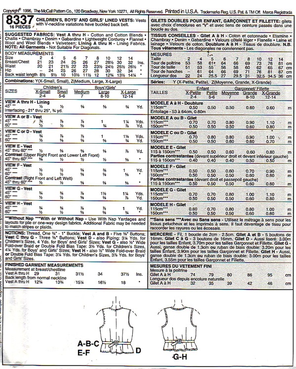 McCalls 8337 Size Z Childrens Vest Pattern UNCUT - Click Image to Close