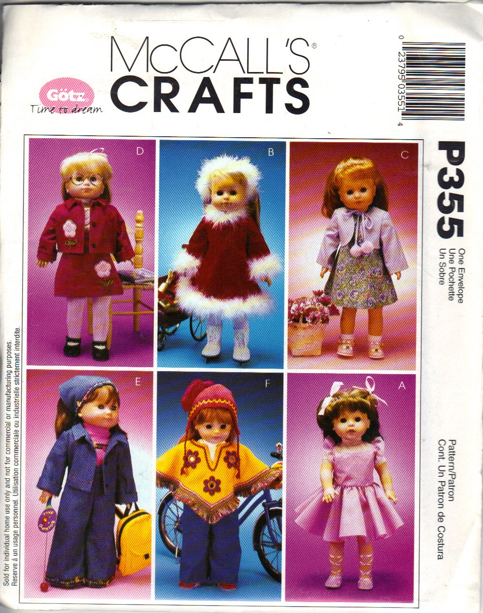 McCalls P355 18 Inch Doll Clothes Pattern UNCUT - Click Image to Close