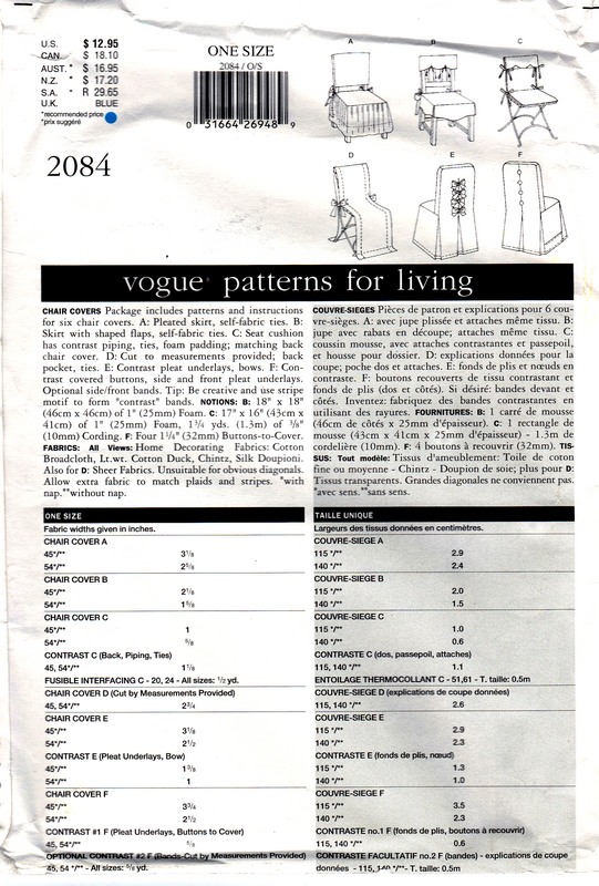 Vogue 2084 Margot Hotchkiss Chair Covers Pattern UNCUT - Click Image to Close