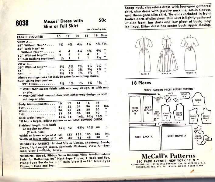 McCalls 6038, Vintage Dress Pattern Circa 1961, Size 16, Uncut - Click Image to Close